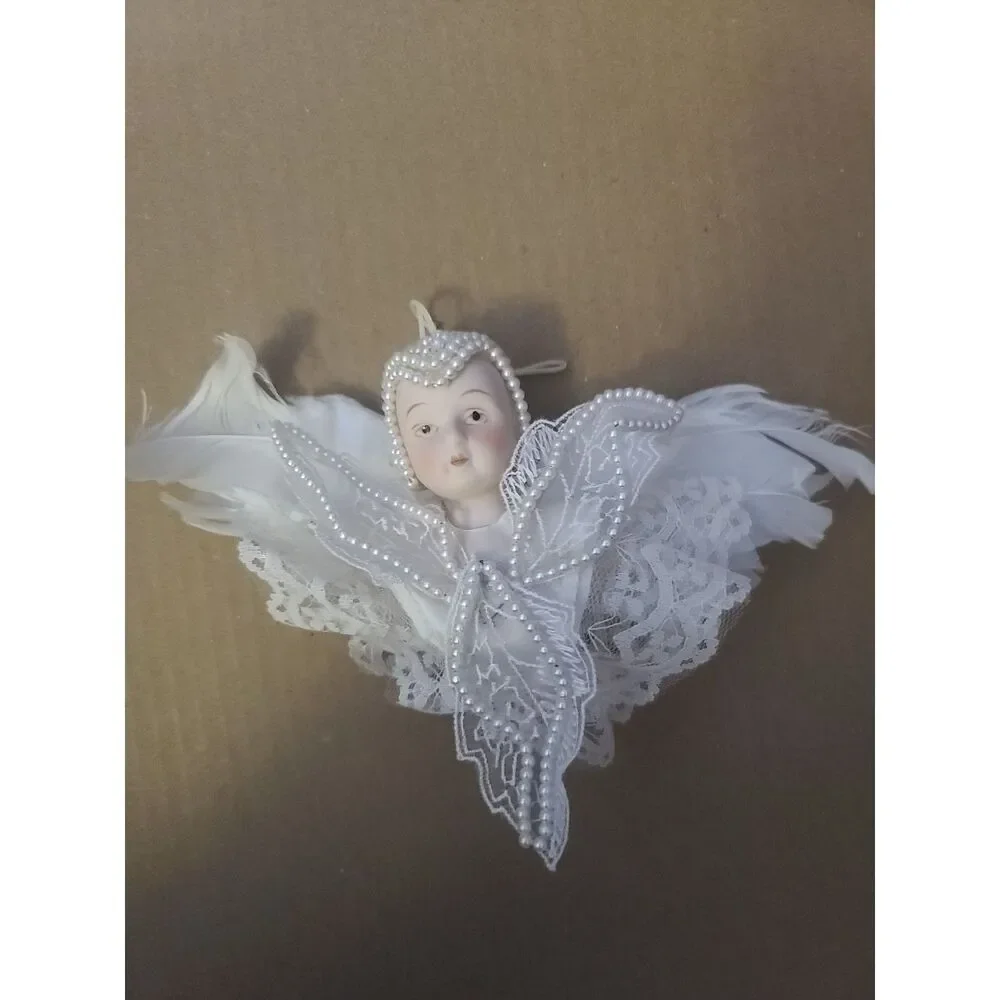 Victorian Porcelain Angel Vintage Ornament White Beaded Point, Lace and Feathers